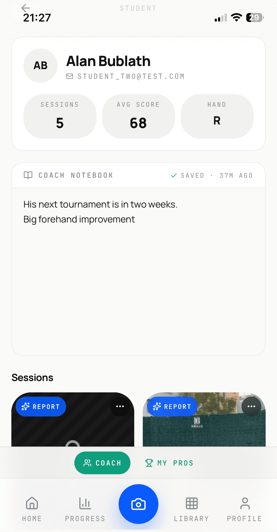 Per-student profile in KinetIQ Coach
